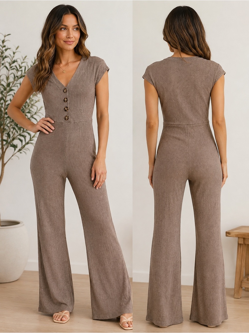 Hiatus Ribbed Jumpsuit Small Mocha Brown Button Front Wide Leg Flare V Neck